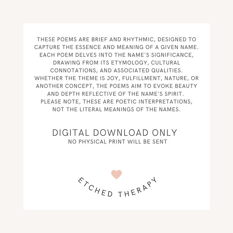 Puede incluir: Una descarga digital con texto que describe poemas dise&ntilde;ados para capturar la esencia y el significado de un nombre. El texto incluye las frases "Solo descarga digital" y "Etched Therapy" con un peque&ntilde;o coraz&oacute;n rosa.