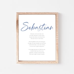 Può includere: Una stampa incorniciata con il nome "Sebastian" in corsivo blu. Sotto, una poesia descrive Sebastian, con versi come "anima calma e nobile" e "una luce fedele che non vacillerà". La cornice è in legno chiaro.
