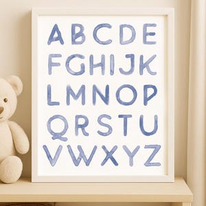 Blue Alphabet Print, Watercolor Nursery Wall Art, Alphabet Educational Poster, Playroom Decor, Instant Download for Kids Nursery Wall Decor