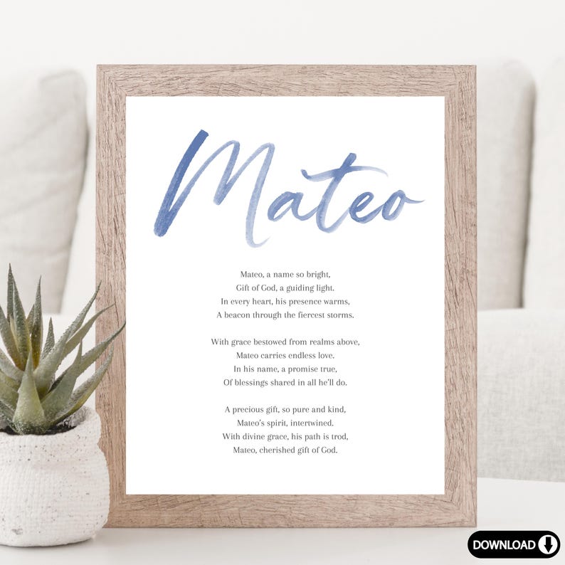 Puede incluir: Impresi&oacute;n enmarcada con el nombre "Mateo" en escritura azul acuarela. La impresi&oacute;n incluye un poema sobre el nombre Mateo, con la palabra "Mateo" repetida. El marco es de color marr&oacute;n claro.