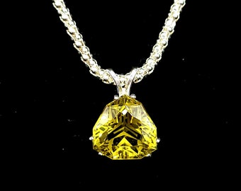 Large lemon Quartz pendant, yellow citrine pendant, sterling silver, engraved quarts, trillion cut, popcorn 20in chain,