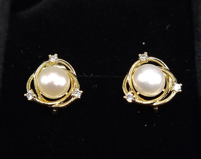 Cultured fresh water pearl earring stud pair. pearls set in plated gold, 14k gold plate push back earrings, white pearls, gold stud earring