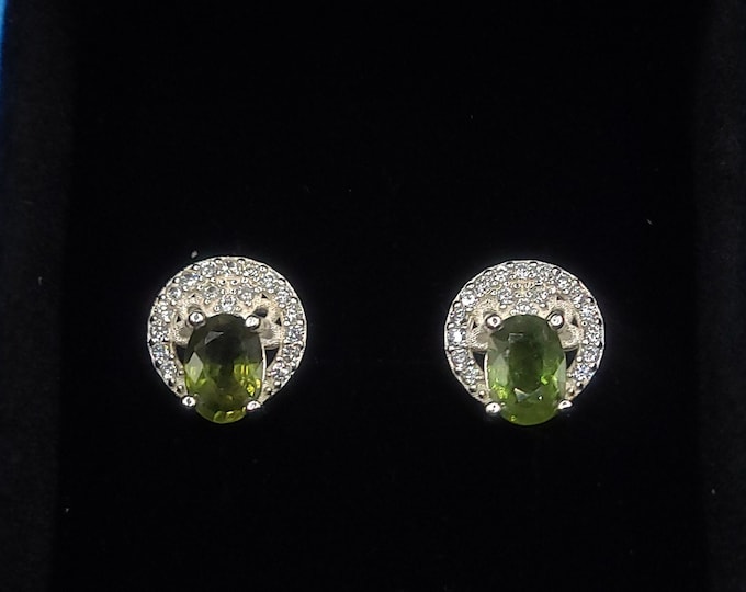Natural peridot stud earrings, sterling silver, cz accents, genuine peridot earrings, green stud earrings, push back, silver earrings