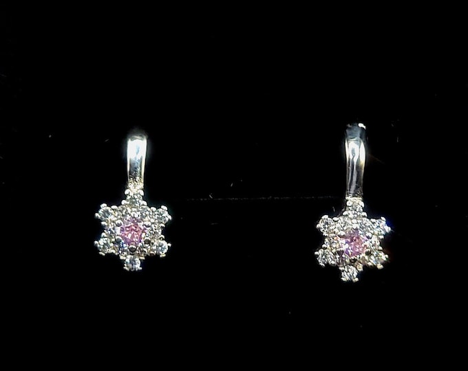 Tourmaline flower drop earrings. Natural pink toumaline, cz accents, sterling silver, lever backed earrings, dangle earrings, stud earrings