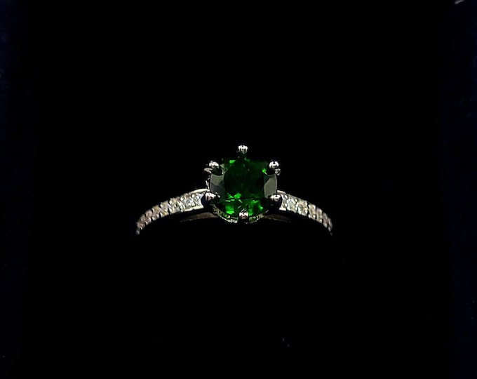 Natural chrome diopside ring, adjustable sterling silver ring, cz accents, green diopside, chromium diopside, adjustable ring, genuine