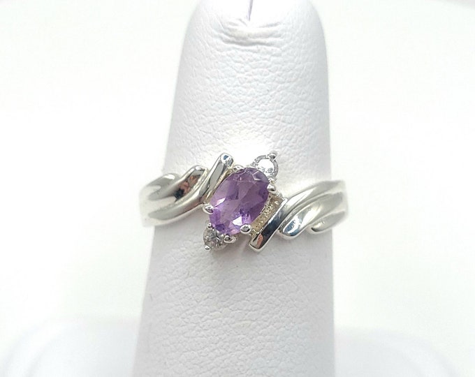Natural amethyst and silver ring. Genuine amethyst, purple gemstone ring, sterling silver, cz, cubic zirconia accents, size 6 womans ring