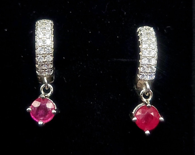 Natural ruby dangle earrings, cz, accents, sterling silver. Lever backed with genuine ruby. pink ruby earrings, ruby drop earrings, silver