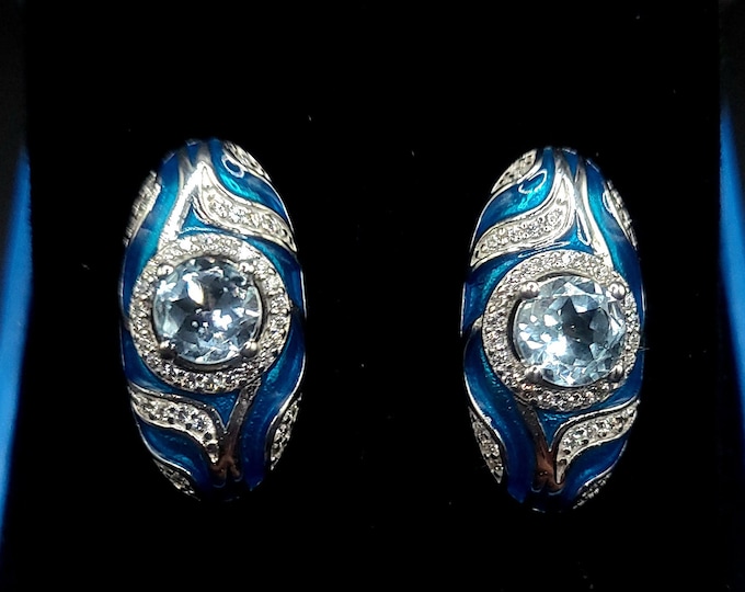 Swiss topaz earrings, sterling silver earrings, blue enamel, lever back studs, 16G piercing, drop earring, natural topaz, swiss blue earring