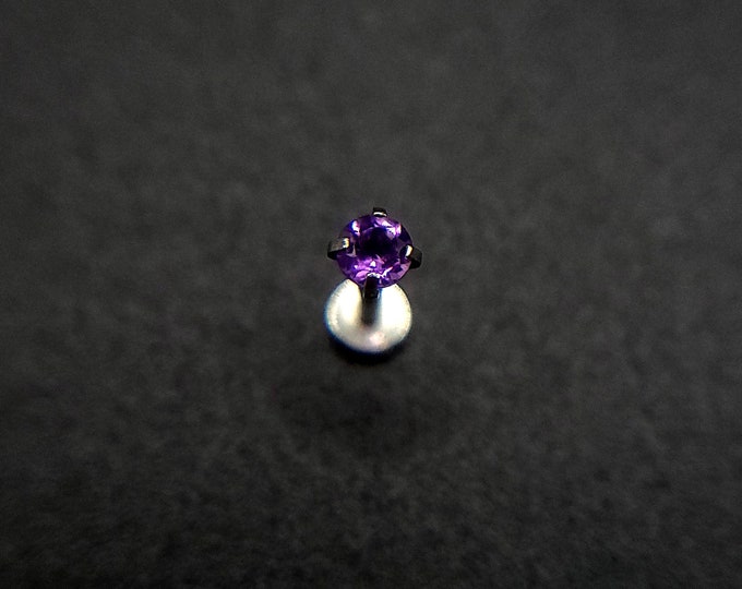 Natural amethyst, flat back, 16g, 18g, stud piercing, Titanium, 6mm-12mm