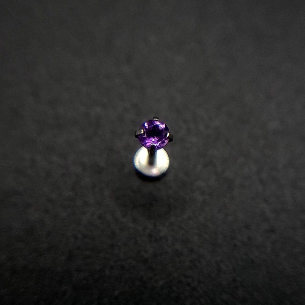 Natural amethyst Push pin flat back nose stud piercing, 3mm, 6-12mm length, 16g 18g, tragus stud, labret stud, lip ring, nose ring, earring