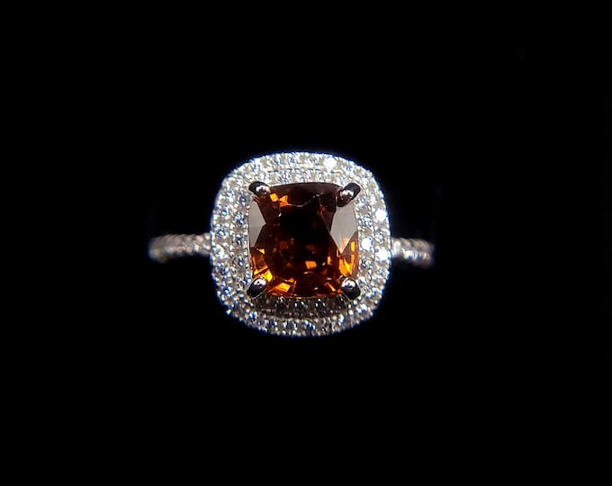 Natural orange Zircon adjustable ring, sterling silver, CZ accents, natural zircon engagement ring, statement ring, silver ring, cushion cut