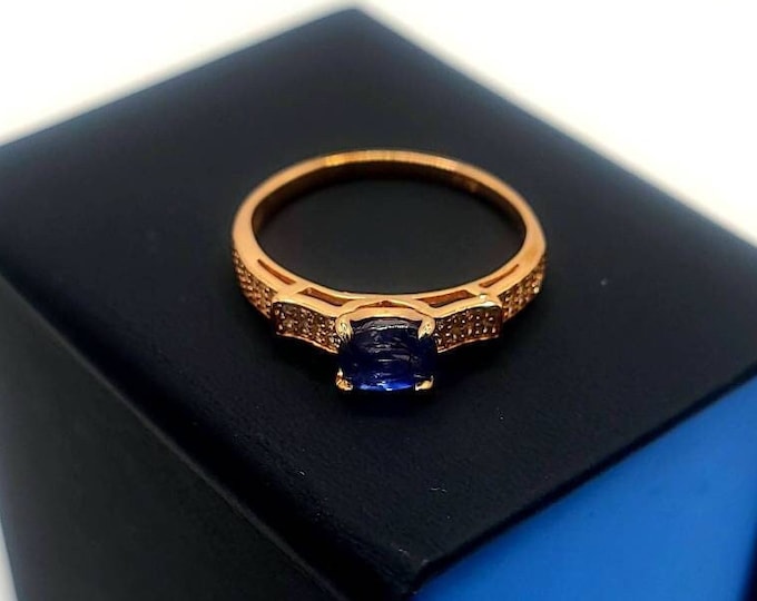 Natural blue Sapphire ring with cubic zirconia accents, rose gold plated sterling silver, genuine sapphire, silver ring, gold ring
