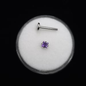 Natural amethyst threaded flat back piercing, 2-3mm, 6-12mm length, 16g, 18g, tragus stud, labret stud, lip ring, nose ring earring piercing
