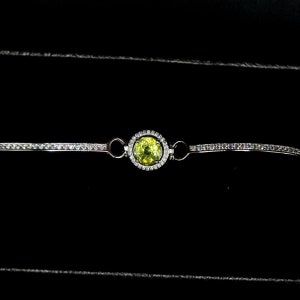 Green Sphene bracelet with cubic zirconia accents, Sterling Silver bracelet, natural sphene, link bracelet, single stone curved bracelet.