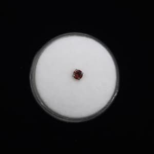 May include: A small, round, dark red gemstone set in a silver metal setting. The gemstone is centered on a white, circular background, encased in a clear plastic container. The background is black.