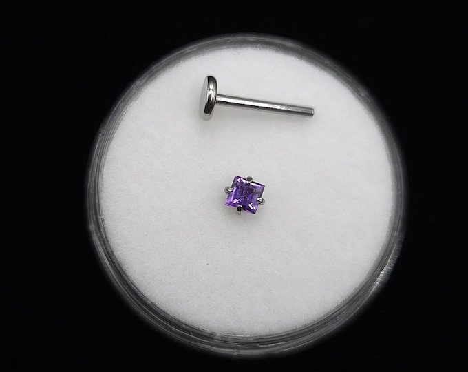 Natural amethyst, flat back, stud piercing, Titanium, 6mm-12mm
