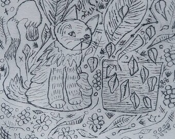 Kitty in the Garden intaglio copperplate etching print 2020