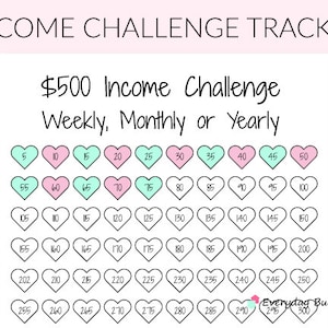 Puede incluir: Un rastreador de desafíos de ingresos blanco con el texto "INCOME CHALLENGE TRACKER" en la parte superior. El rastreador tiene una cuadrícula de corazones numerados del 5 al 300, diseñado para objetivos de ahorro semanales, mensuales o anuales.