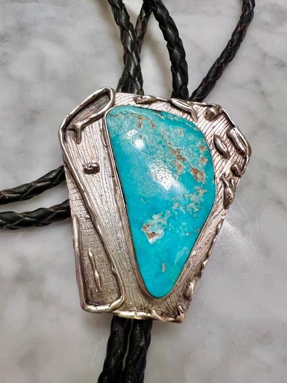 Vintage Large Turquoise & Sterling Silver Bolo Tie