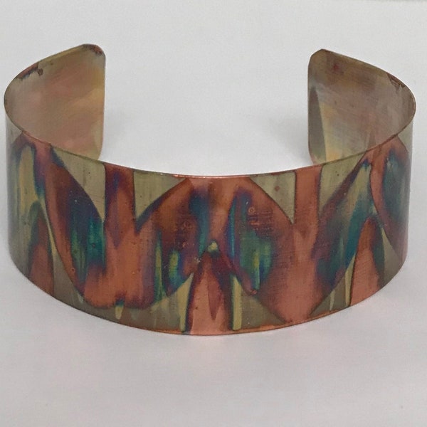 Unique Stylized Lotus Blossom Flame Painted Copper Cuff Bracelet - 1 inch wide - Intricate Design Pattern