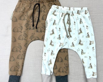 HANDMADE Slim Harem Pants Easter Bunny hecho de Jersey/French Terry, pantalones delgados