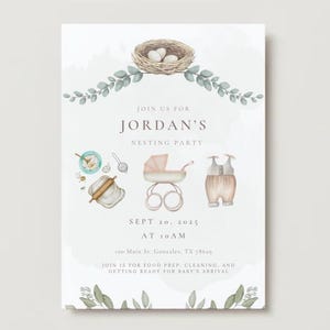 Peut inclure: Une invitation aquarelle pour une fête de préparation à l'arrivée d'un bébé, avec un nid avec des œufs, de la verdure et des illustrations sur le thème des bébés. Le texte indique "Jordan's Nesting Party" avec la date, l'heure et l'adresse. L'invitation est décorée de couleurs douces et d'un design fantaisiste.