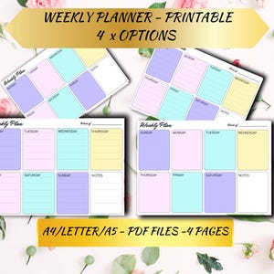 Planificadores semanales imprimibles en PDF, 4 opciones de diseño, A4/A5/Carta, secciones diarias y de notas, diseño elegante y organizado, descarga instantánea en colores pastel.