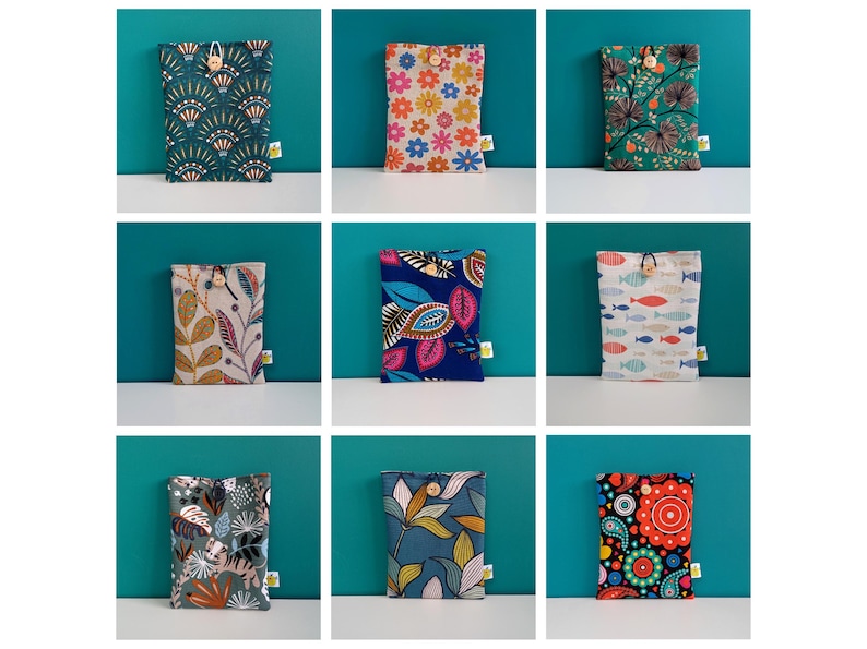 Funda acolchada para libro con cierre de botón, 2 tamaños y varios estampados imagen 4