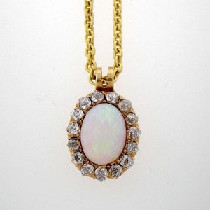 Antique 18k Yellow Gold Opal and Old Mine Cut Diamond Pendant