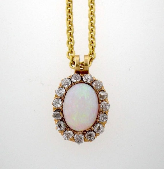 Antique 18k Yellow Gold Opal and Old Mine Cut Diam
