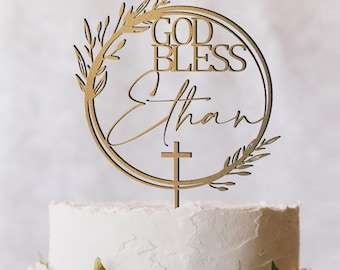 Personalized Baptism Cake Topper With Wreath / Custom Christening Cake Topper / Boho Floral God Bless Cake Topper / First Communion -MIM
