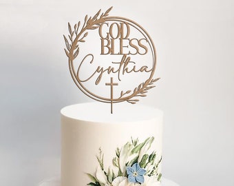 Personalized Baptism Cake Topper With Wreath / Custom Christening Cake Topper / Boho Floral God Bless Cake Topper / First Communion -MIM
