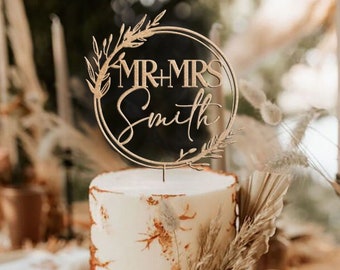 Boho Floral Wedding Cake Topper With Rustic Wreath / Mr and Mrs Cake Topper / Personalized Wedding Cake Topper / Monogram Toppers -MIM