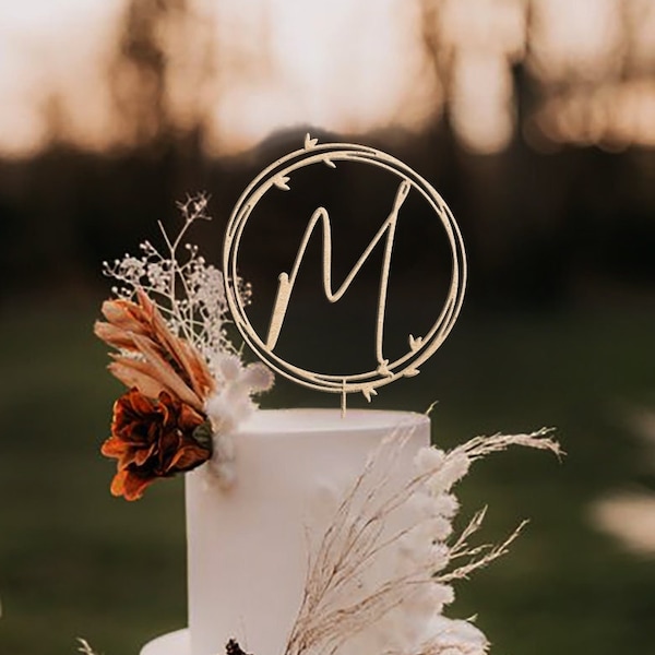 Wedding Initials Monogram Topper Rustic Wreath / Rustic Wedding Cake Topper / Personalized Wedding Cake Topper / Script Cake Toppers -MIM