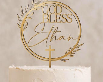 Personalized Baptism Cake Topper With Wreath / Custom Christening Cake Topper / Boho Floral God Bless Cake Topper / First Communion -MIM