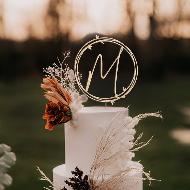 Wedding Initials Monogram Topper Rustic Wreath / Rustic Wedding Cake Topper / Personalized Wedding Cake Topper / Script Cake Toppers MIM image 1