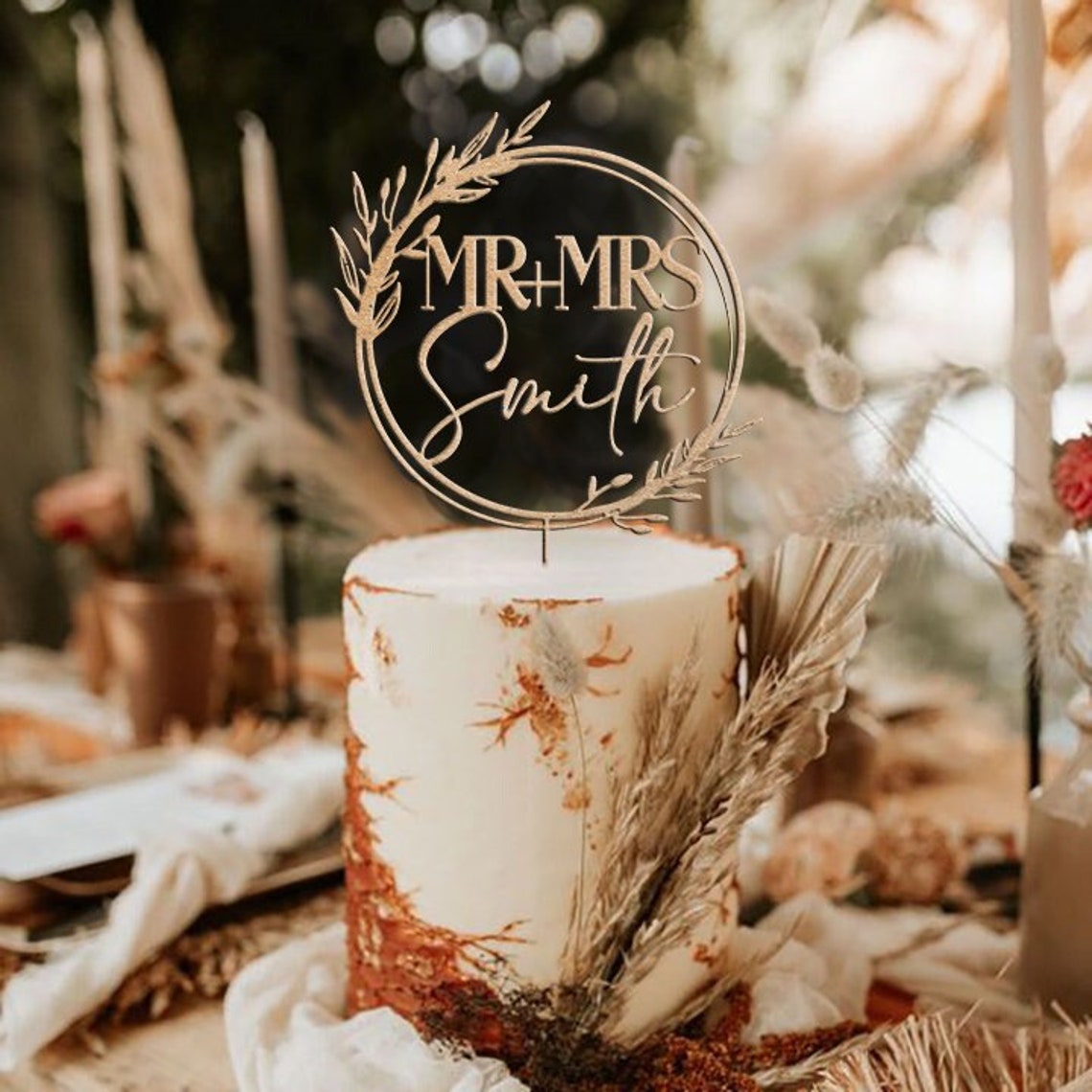 Boho Floral Wedding Cake Topper With Rustic Wreath / Mr and Etsy