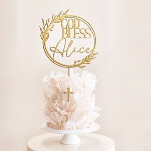 Personalized Baptism Cake Topper With Wreath / Custom Christening Cake Topper / Boho Floral God Bless Cake Topper / First Communion MIM Gold