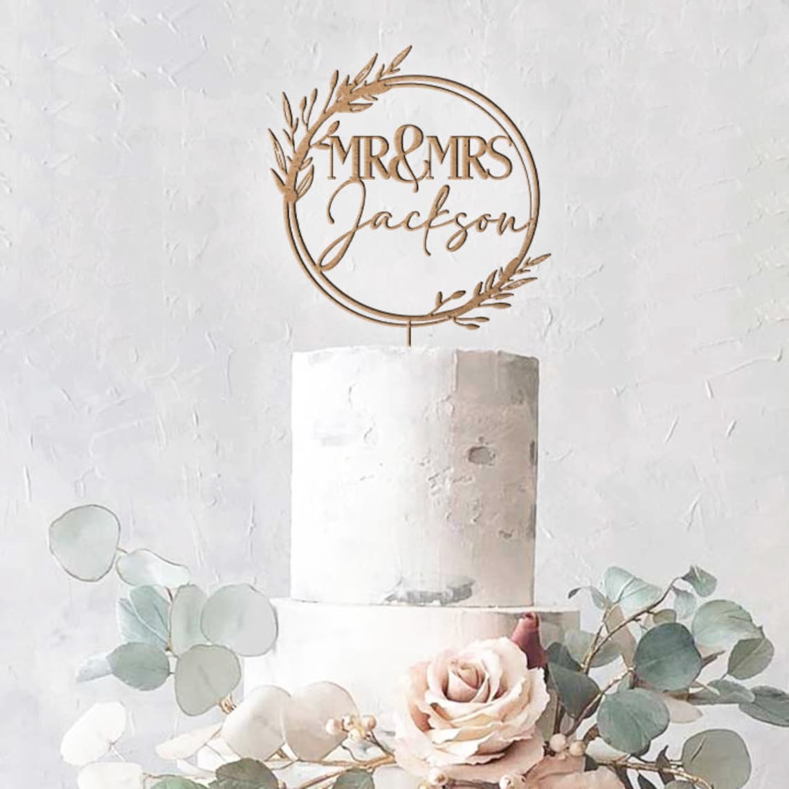 Boho Floral Wedding Cake Topper With Rustic Wreath / Mr and Etsy