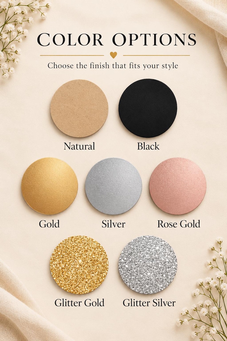 Puede incluir: Una tabla de opciones de color con siete muestras circulares etiquetadas como Natural, Black, Gold, Silver, Rose Gold, Glitter Gold y Glitter Silver. El texto dice COLOR OPTIONS y Choose the finish that fits your style.