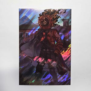 May include: A holographic print featuring a figure with a clock face for a head, flames, and a red jacket. The figure is standing in front of a building with a smokestack. The image has a dark, stylized aesthetic.