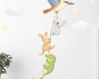Australian Animal Wall Decals, Kookaburra with Koala, Kangaroo, Wombat and Crocodile Climbing a Rope, Removable Nursery Stickers
