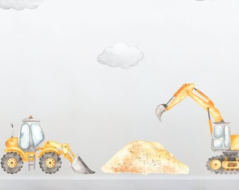 Watercolor Construction Truck Wall Decals: Digger, Excavator, Reusable