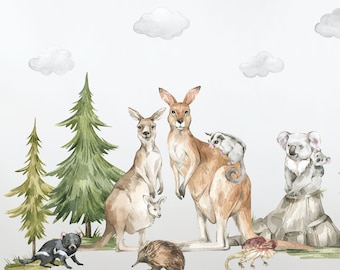 May include: Watercolor illustration of Australian animals, including kangaroos, koalas, echidnas, and a sugar glider. The animals are surrounded by green trees and clouds. The illustration is perfect for a nursery or children's room.