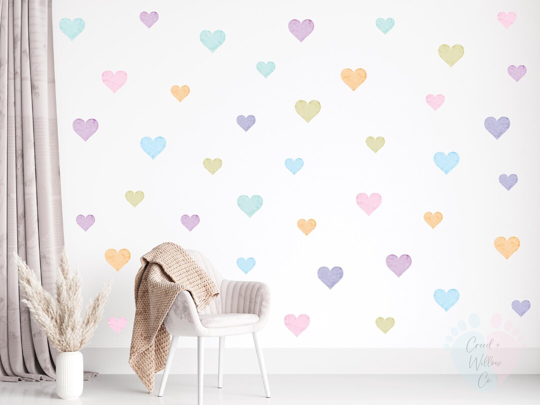 Rainbow Watercolor Heart Wall Decals: Nursery & Playroom Decor (50 Pack ...