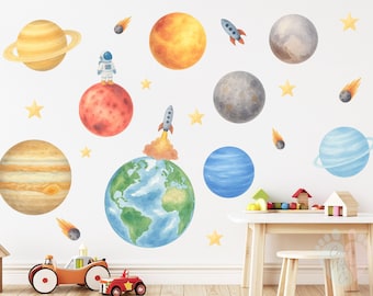 Watercolor Planets Wall Decal Set: Solar System Kids Room Decor