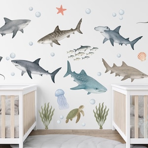 Underwater Shark Wall Decal Set for Nursery or Kids Room | Ocean Theme Removable Wall Stickers | Blue Shark Wall Art for Baby Room Decor