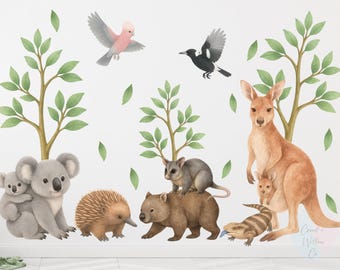 Australian Animal Wall Decals, 22 Piece Set with Kangaroo, Koala, Wombat, Echidna, Possum and Blue Tongue Lizard, Gum Tree Stickers