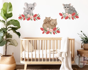Koala, Wombat and Possum Wall Decals, 3 Piece Set with Babies on Red Bottlebrush, Australian Nursery Stickers up to 58cm