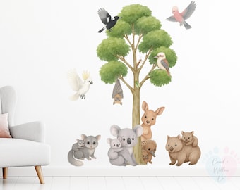 Australian Animals Gum Tree Wall Decals, Koala, Kangaroo, Wombat and Possum Nursery Stickers, Removable Peel and Stick Decor